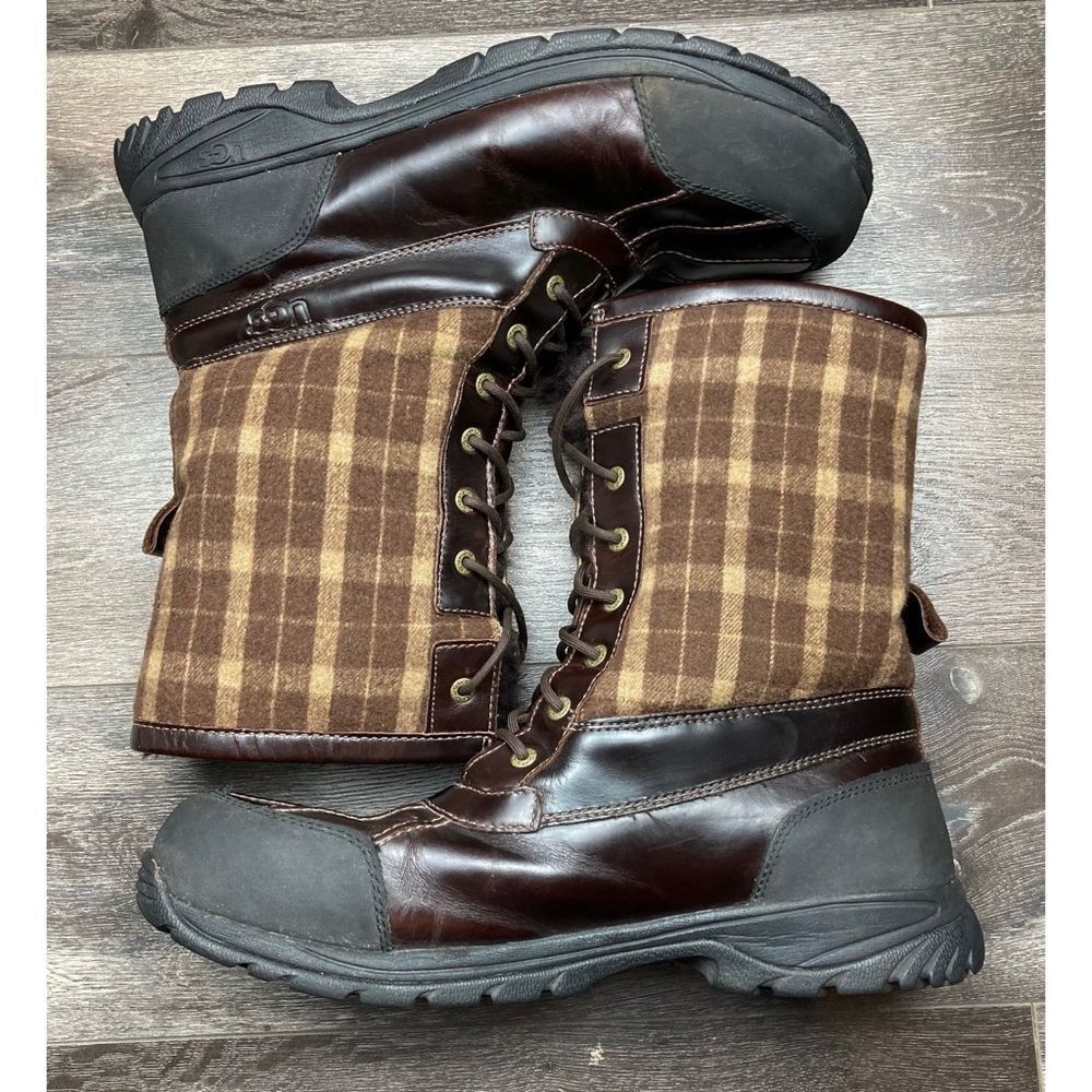 Ugg Australia leather butte shearling lined brown wool plaid snow boots